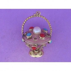PENDANT BASKET OF GOLD 750mm, PEARL, TURQUOISE AND CORAL