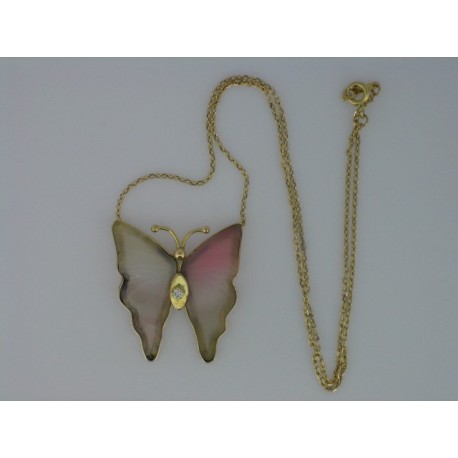 NECKLACE PENDANT BUTTERFLY IN PINK AGATE BRILLANT CUT DIAMOND AN