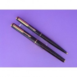 PARKER SET FOUNTAIN PEN BROWN BALL-POINT PEN LACQUER PLATED GOLD