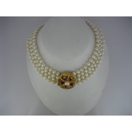 NECKLACE 4 THREADS PEARLS CHEVALIER BROOCH GOLD 750mm RUBY OF SYNTHESIS BRILLIANT CUT DIAMONDS 0.40 ct PEARL 10 mm