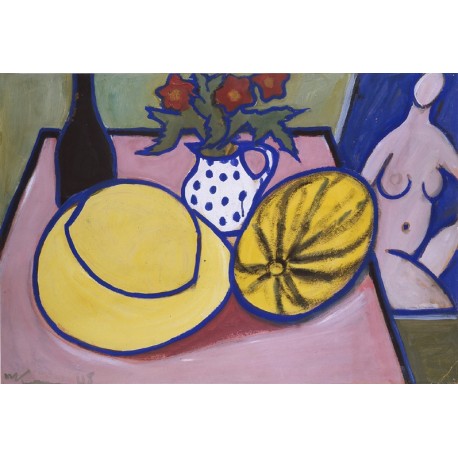 WILLIBALD Karl (1916-1997) --SWISS-- Still life of melon, hat, bottle and flowers""