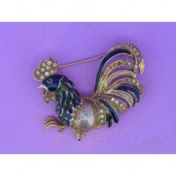 ANCIENT IMITATION JEWELLERY BROOCH ROOSTER OF GOLDEN METAL AND S